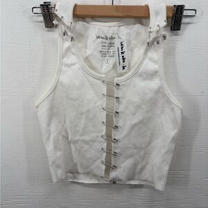 Iamkoko.la White Ribbed Crop Tank Safety Pin Front Size Small New w/ Tags